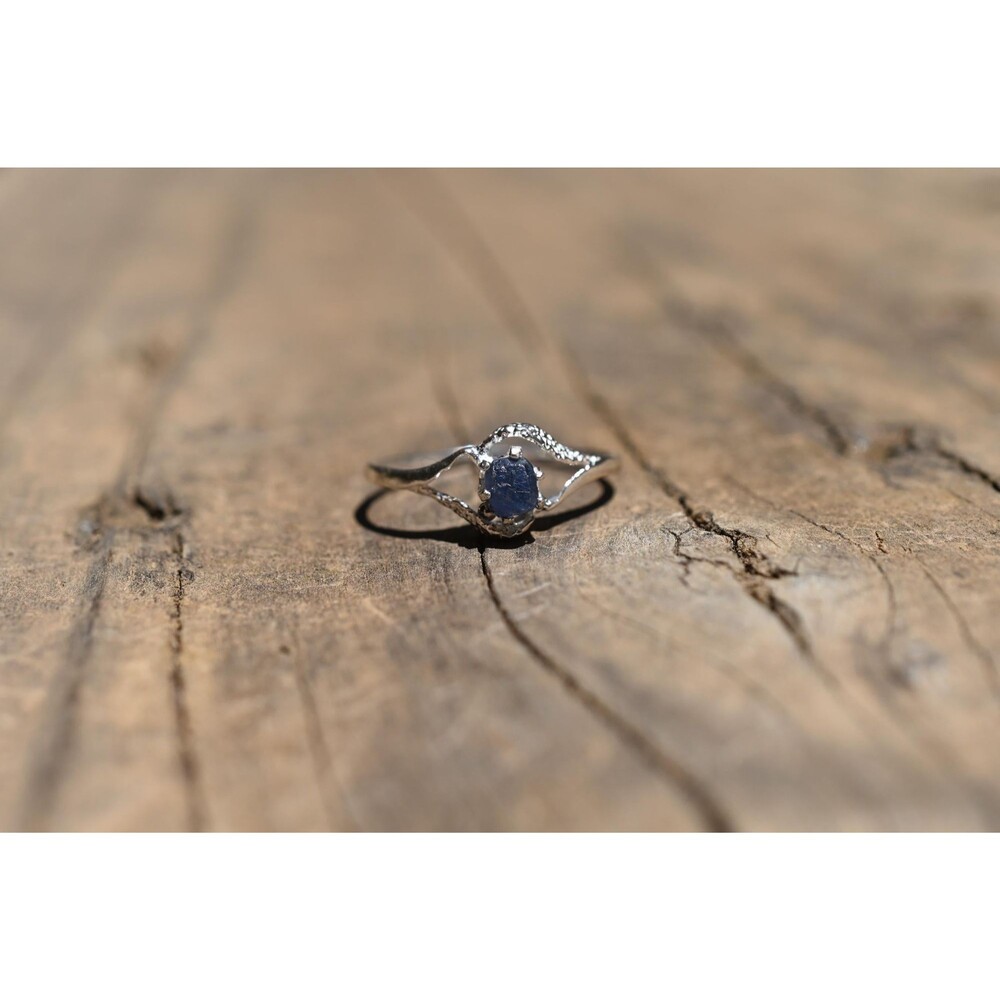 Dark Blue Burmese Sapphire Ring: Handmade Sterling Silver Solitaire